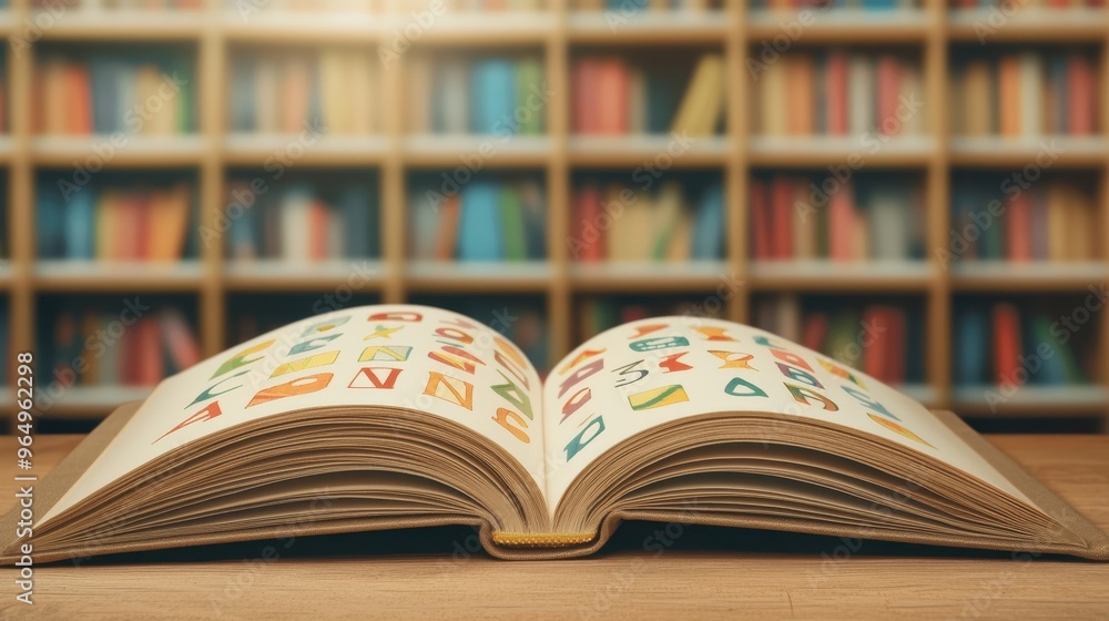 Aufkleber open book with colorful letters on wooden table with bookshelf in background
