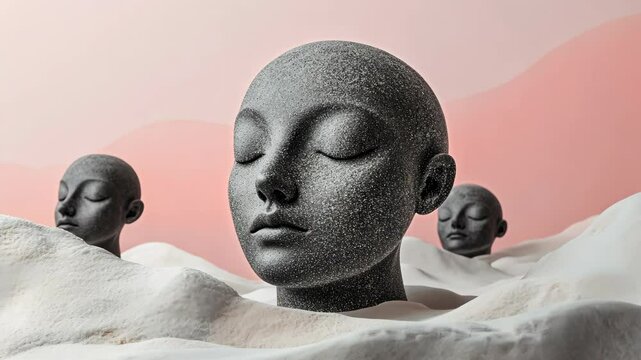 Artistic display of faceless sculptures emerging from textured sand in a serene pastel setting