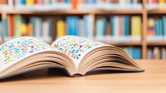 Open Book with Colorful Letters on Pages  Blurred Bookshelf in Background