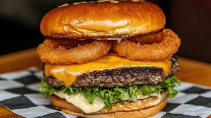 Cheeseburger with Crispy Onion Rings and Lettuce