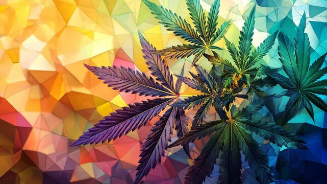 Exploring the vibrant colors and forms of cannabis leaves against an abstract background