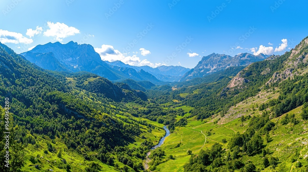 Canvas Prints Majestic Mountain Valley Landscape with River and Lush Greenery