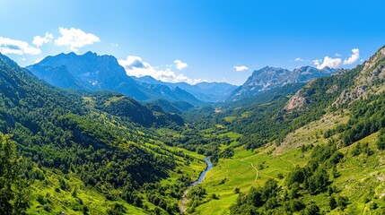 Naklejka premium Majestic Mountain Valley Landscape with River and Lush Greenery