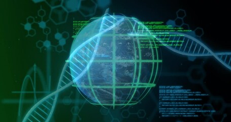 Animation of globe and dna strands over data processing - Powered by Adobe