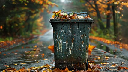 A rainy autumn afternoon on a deserted road with a trash can and colorful fallen leaves - Powered by Adobe
