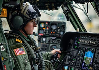 Obraz premium Male American Helicopter Pilot in Cockpit with Data Display and Instruments.