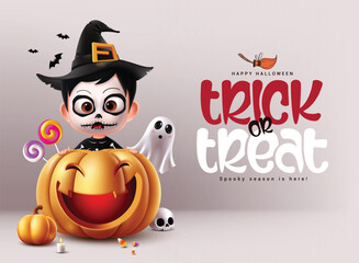 Trick or treat greeting vector design. Halloween ghost kid character with jack o pumpkin elements for trick or treat horror party invitation card background. Vector illustration holiday season spooky 