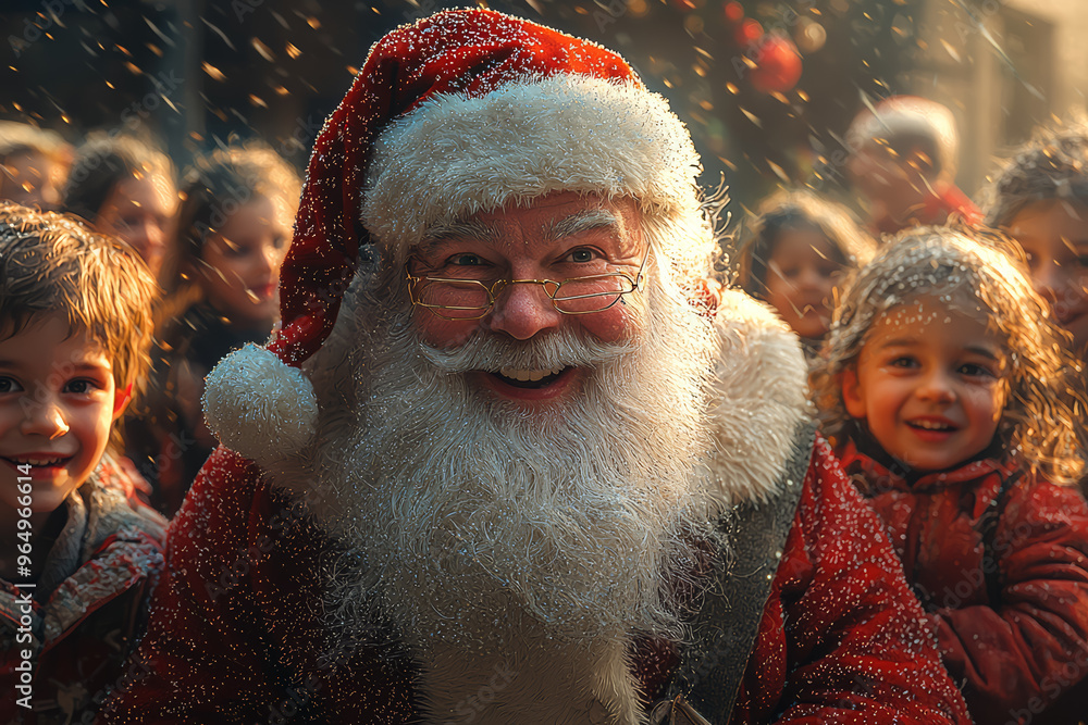 Wall mural santa claus being welcomed by a family as he delivers gifts, with children excitedly gathering aroun