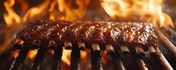 Close-up of a rack of ribs grilling over flames