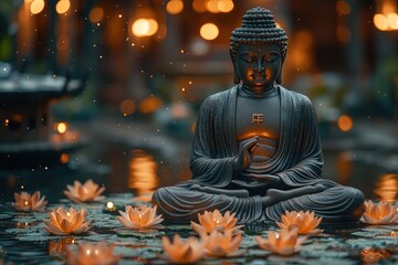 Buddha Statue in a Tranquil Pond