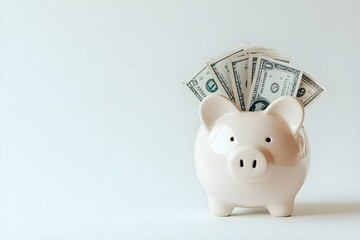 A charming pink piggy bank filled with dollar bills, symbolizing savings and financial growth in a minimalist setting.