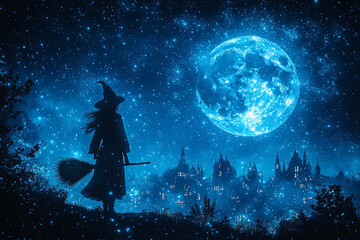 A pair of witches flying on broomsticks across a starry night sky, with a full moon in the background. Concept of Halloween fantasy and witchcraft lore.