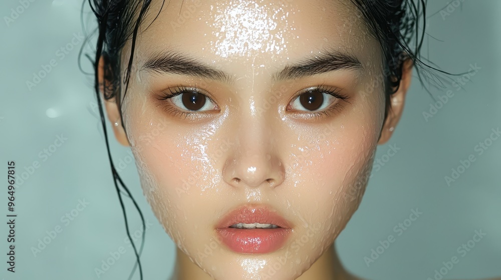 Wall mural closeup of woman s face with water drops