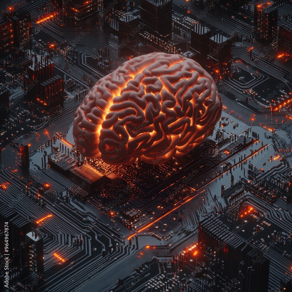 Poster futuristic artificial intelligence concept with glowing brain on circuit board