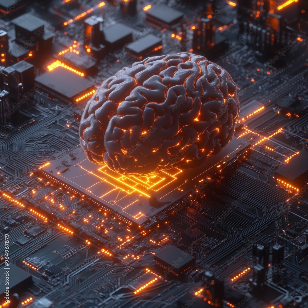 Poster futuristic artificial intelligence concept with brain on circuit board illuminated by orange lights