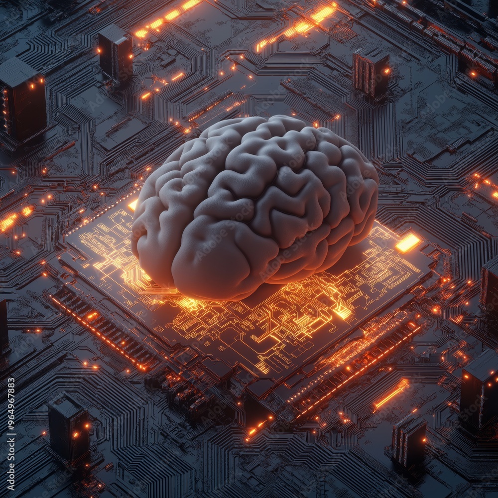 Poster futuristic artificial intelligence concept with brain on circuit board and glowing lights