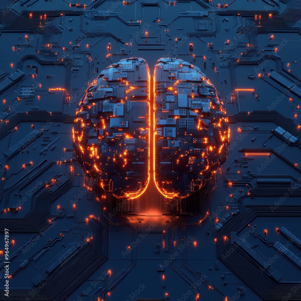 Poster futuristic digital brain with glowing circuits representing artificial intelligence and technology