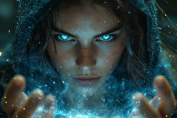 A mysterious sorceress summoning a storm with her hands, her eyes glowing with power. Concept of dark magic and arcane mysteries.