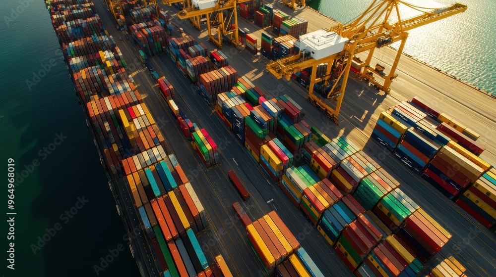 Poster aerial view of shipping containers at a busy port