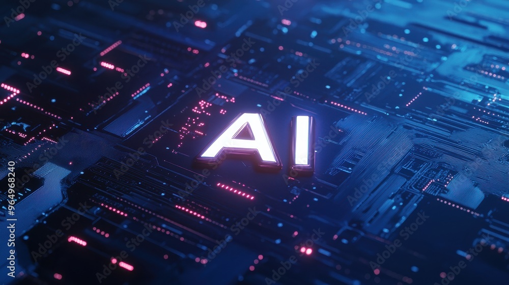 Poster futuristic ai concept with glowing letters on a high-tech circuit board background