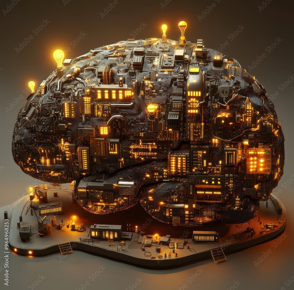 Poster futuristic brain-shaped cityscape with illuminated buildings and circuitry representing artificial i