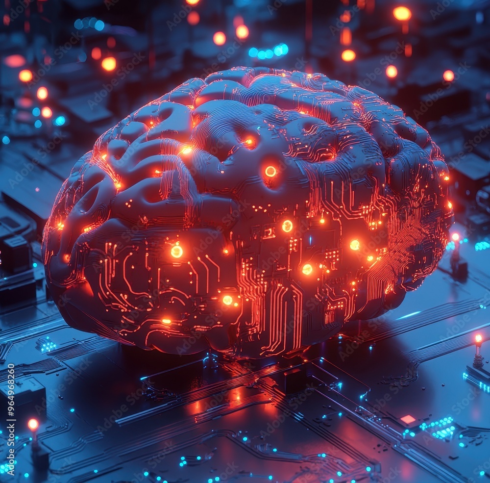 Poster futuristic artificial intelligence concept with glowing brain and circuit board background