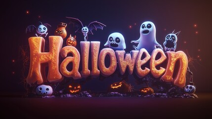 Spooky Halloween Banner with Ghosts, Pumpkins, and Bats in a Dark, Festive Setting
