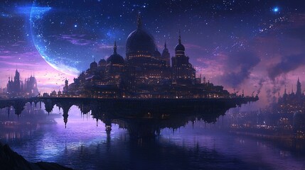 Obraz premium An intricate, futuristic cityscape is depicted at dusk or dawn, with a vast array of domed and spired structures perched on cliffs above a reflective body of water. The city is illuminated with warm, 