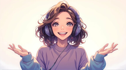 Happy anime girl wearing headphones with outstretched hands.