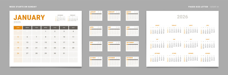Set of 12 Pages Monthly Calendar Planner Templates and annual. Vector layout of a wall or desktop calendar with the week starting on Sunday ready for printing. Page size Letter -8.5x11