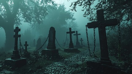 The scene depicts an eerie, fog-filled cemetery at twilight, with a series of old, weathered gravestones and crosses. Thick chains drape over some of the headstones, adding to the somber and mysteriou