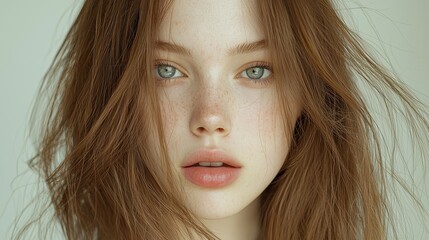 Naklejka premium Closeup Portrait of Young Woman with Freckles and Long Brown Hair