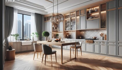 modern dining room with dining table, luxurious kitchen with breakfast nook in classic style home, created with A.I. generative.