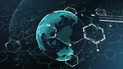 Animation of chemical formula over globe on black background - Powered by Adobe