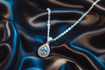 Fototapeta premium Luxury jewelry, platinum necklace with diamonds on dark silk fabric close-up. Golden necklace in the store. Beautiful diamond pendant necklace. Jewelry showcase, selective focus