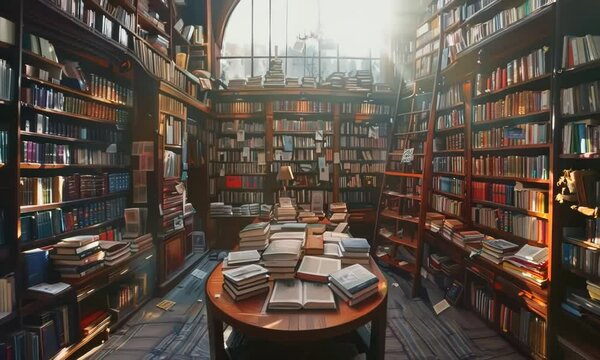 A cozy bookstore with shelves stacked high with books, its aroma of old paper and leather filling the air. Video