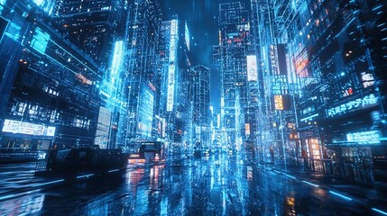 Fototapeta premium A futuristic cityscape at night, drenched in neon blue and white lights. The streets are wet, reflecting the vibrant glow from the tall buildings and numerous digital billboards. The glossy pavement m