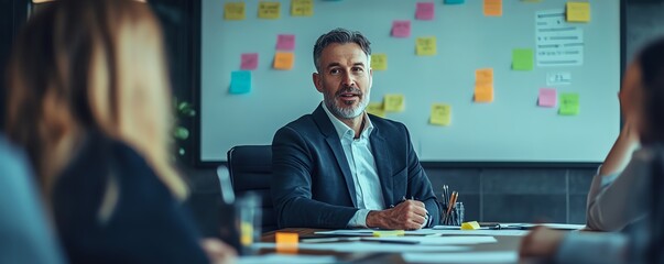 Business team and scrum master in boardroom, brainstorming session with whiteboard and sticky notes, innovative ideas, creative and collaborative atmosphere, professional setting