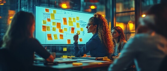 Business team in boardroom brainstorming with a scrum master