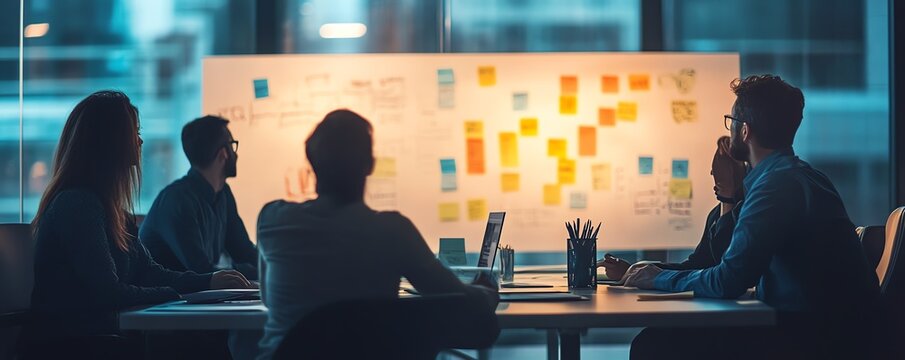 Business team and scrum master in boardroom, brainstorming session with whiteboard and sticky notes, innovative ideas, creative and collaborative atmosphere, professional setting