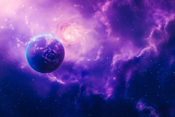 Obraz premium Planet image, unreal galaxy image purple background with space for design