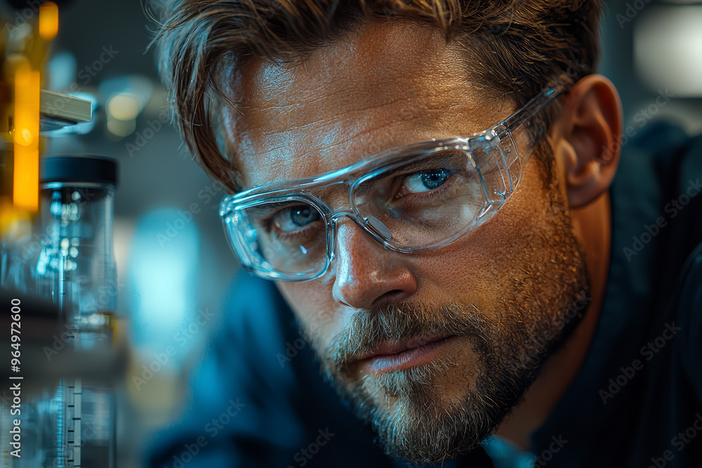 Poster an engineer testing a new material in a lab, noting its properties. concept of material science and 
