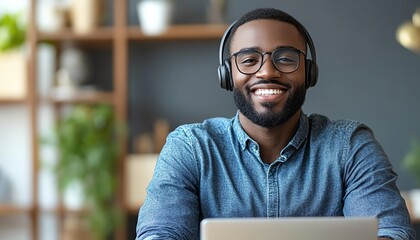 Remote customer service representative with a warm smile, using a laptop, wearing a headset, organized and modern home office, professional and friendly, bright and clean space