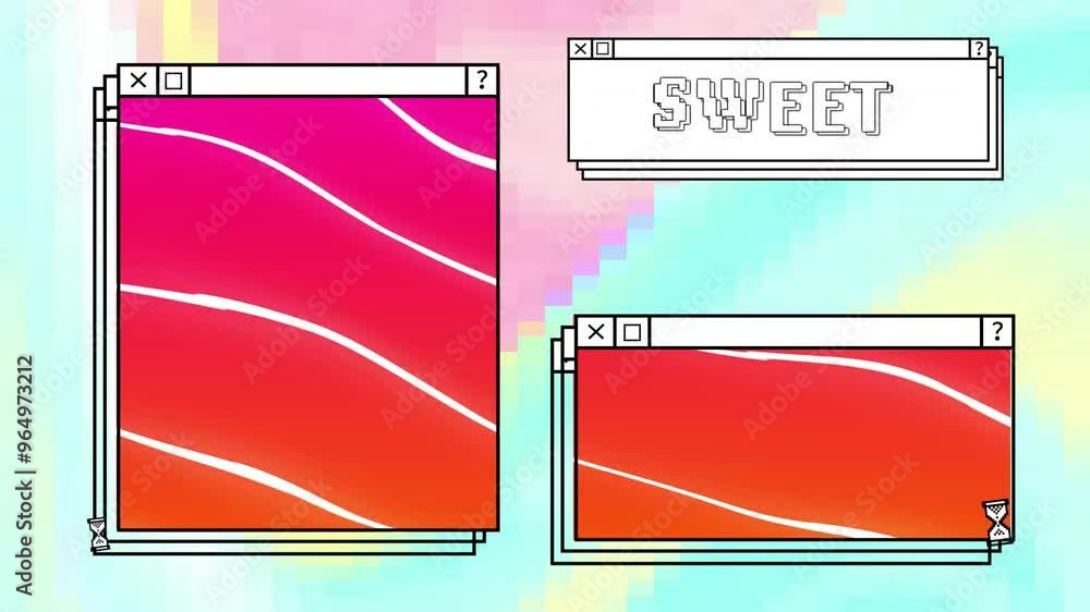 Poster animation of digital interface with sweet text and red shapes on colourful background