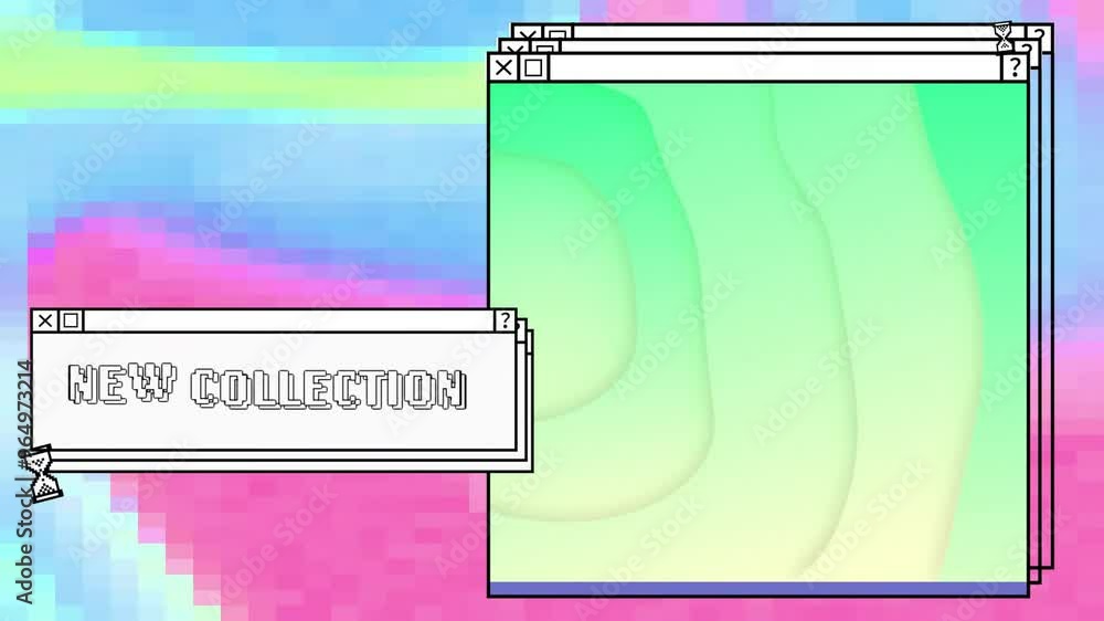 Poster animation of digital interface with new collection text and green shapes on colourful background