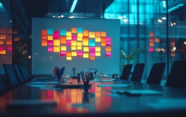 Team brainstorming with scrum master in boardroom, creative and dynamic session, whiteboard and postit notes, engaging discussion, modern and professional workspace