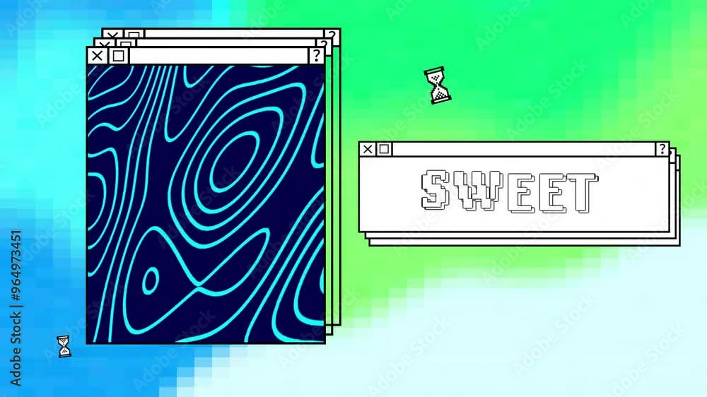 Poster animation of digital interface with sweet text and blue lines on colourful background