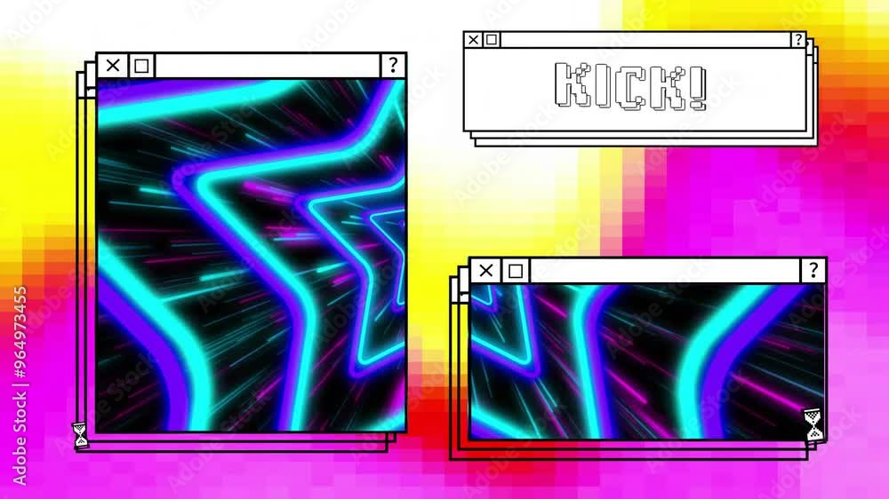 Poster animation of digital interface with kick text and blue stars on colourful background