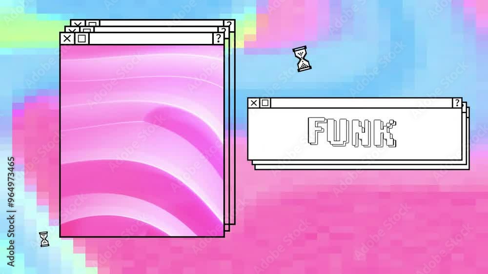 Poster animation of digital interface with funk text and pink shapes on colourful background