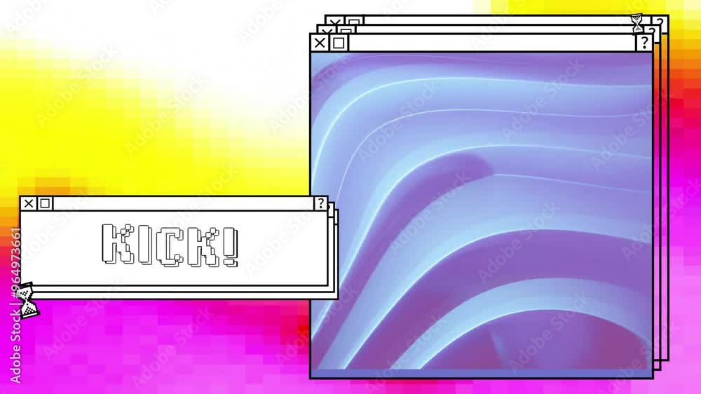Poster animation of digital interface with kick text and blue shapes on colourful background